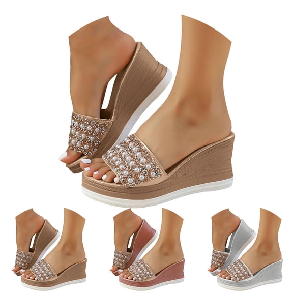 Pandaie Womens Platform Slides Sandals Metallic Pearl Wedges Slip on Sandal Summer Beach Casual Walking Slippers Shoes Gold Size 6