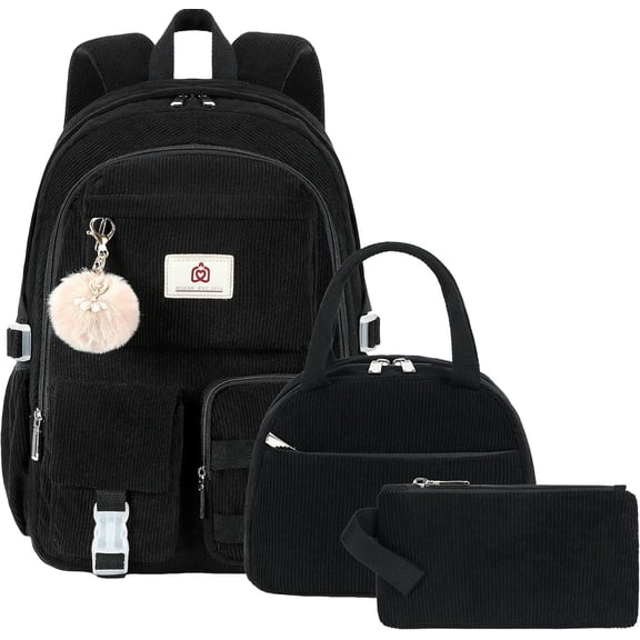 AO ALI VICTORY 3pc School Backpack with Lunchbox for Teens Girls Women 15.6 Inch Laptop College Backpacks with Lunch Bag Bookbag Set Corduroy Kids Elementary Middle High Bags Students (Black Set)