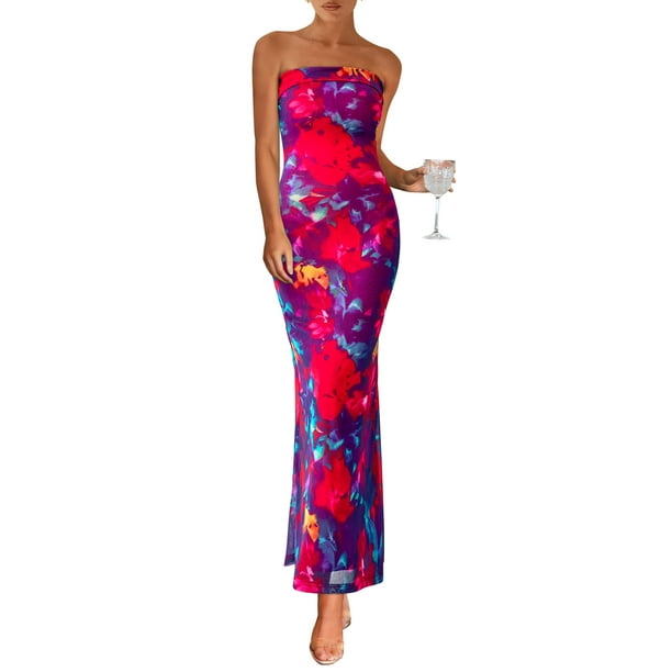 Vestido largo PRETTYGARDEN para mujer, ajustado sin tirantes, rojo marino