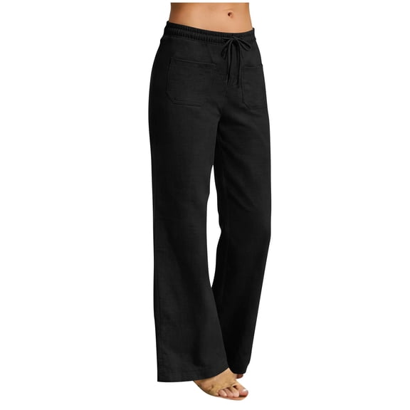 Hurxie Women's Linen Pants Casual High Waist Wide Leg Straight Dress Cotton Linen Button Trouser Summer Clothes Black,L