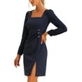 thumbnail image 4 of INSPIRE CHIC Women's Square Neck Ruched Front Contrast Panel Long Sleeve Dress L Dark Blue, 4 of 5