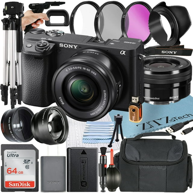 Sony Alpha a6400 Mirrorless Digital Camera with 16-50mm lens, shown with a comprehensive ZeeTech accessory bundle. The bundle includes a SanDisk 64GB memory card, a full-size tripod, a pistol grip tripod, a camera case, a tulip lens hood, a 3-piece filter kit (UV, CPL, FLD), auxiliary telephoto and wide-angle lenses, a high-speed memory card reader, a cleaning pen, a dust blower, and a microfiber cleaning cloth. The camera features a 24.2MP APS-C Exmor CMOS sensor, BIONZ X processor, 4D FOCUS system, and UHD 4K video recording capabilities. Accessories like the Sony neck strap, lens cap, body cap, and rechargeable battery are also included.