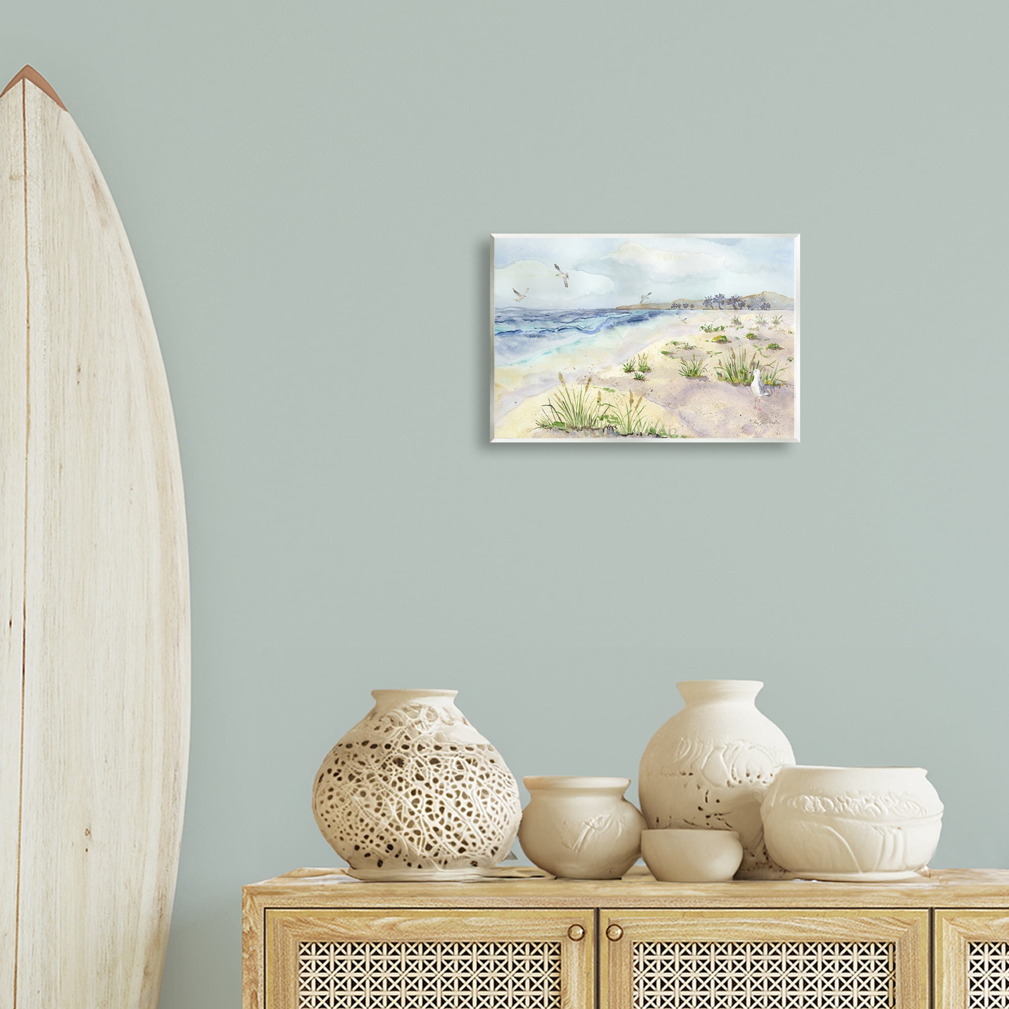Stupell Industries Seagulls Over Beach Landscape Painting Unframed Art Print Wall Art, 15 x 10