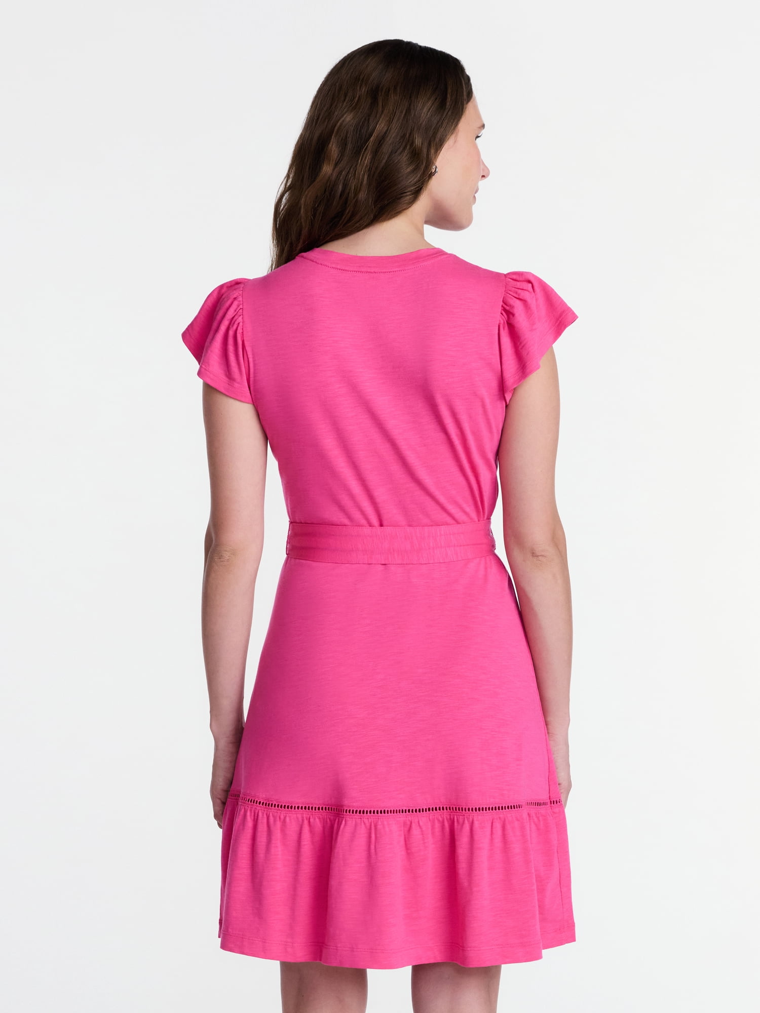 Time and Tru Women's and Women's Plus Belted Mini Dress with Flutter Sleeves, Sizes XS-4X