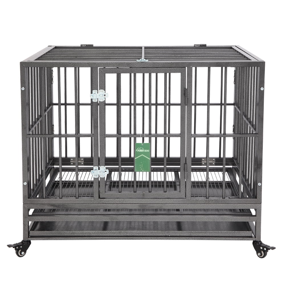 Heavy Duty Dog Crate Cage Indoor Outdoor Pet Animal Kennel with Tray Wheels,Dog Kennels and Crates Strong Metal Pet Kennel Exercise Playpen with Double Doors 36.00 x 24.40 x 30.31, Black 