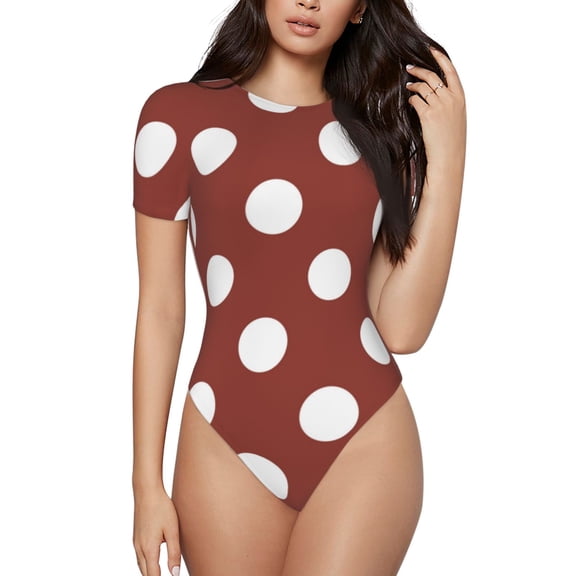 Rateoe Maroon And White Polka Dot Printed Women Rash Guard Short Sleeve,Tummy control Swimsuit Surfing Swimsuit Bathing Suit Short-sleeved Onesie UPF 50 -