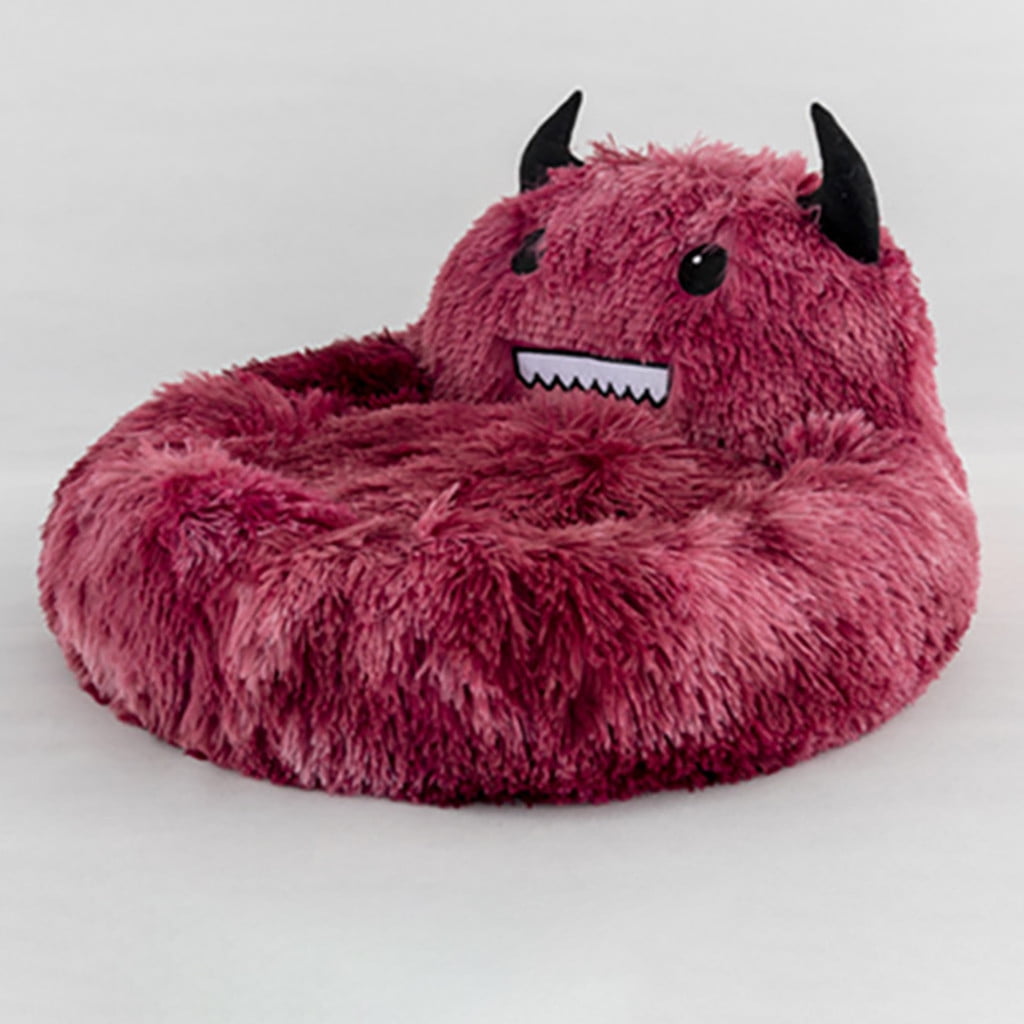 PureCasa Semi-Enclosed Cute Dog Cat Bed for Fall Winter, Comfortable Long Plush Fluffy Pet Pad House Thermal Kennel, Creative Sleeping Cushion Pads for Small Cats Dogs, Round, 1 Pack, XL, Red