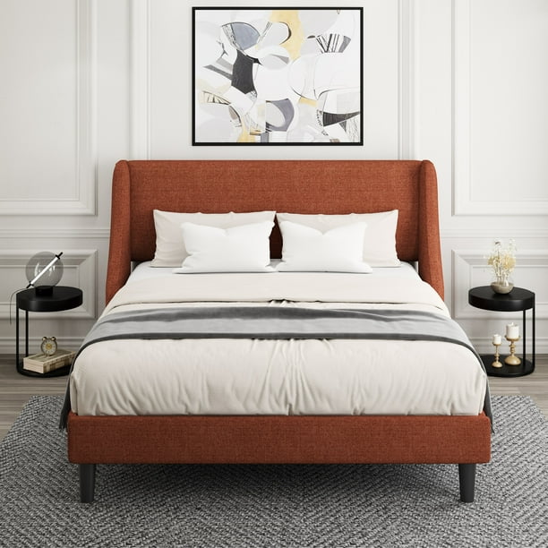 Amolife Queen Size Modern Platform Upholstered Bed Frame with Deluxe Wingback,Burnt Orange