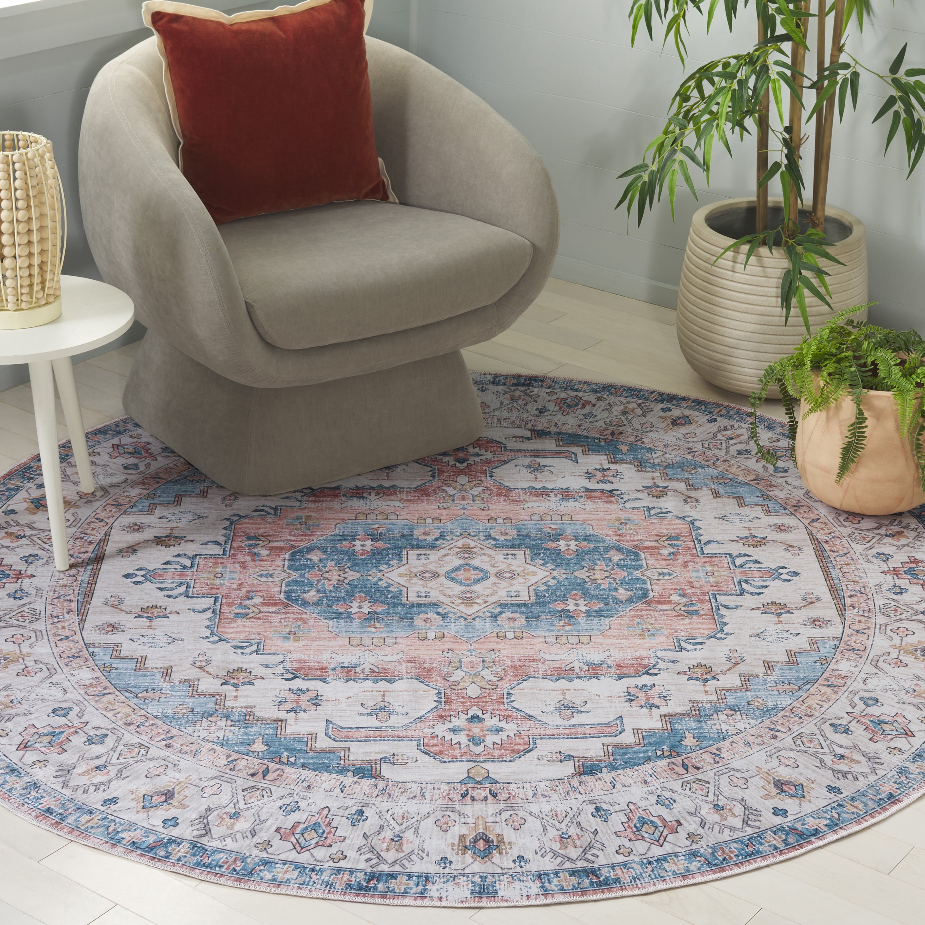 SAFAVIEH Arizona Tegan Oriental Polyester Machine Washable Area Rug, Beige/Light Blue, 6' x 6' Round