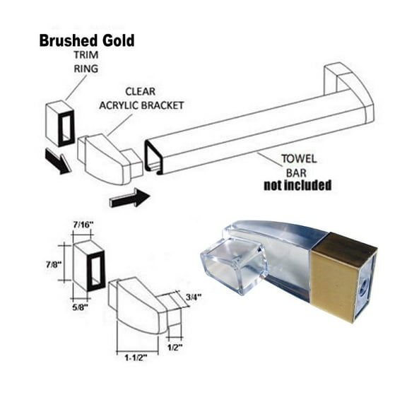 Gordon Glass® Clear Acrylic Towel Bar Brackets with Brushed Gold Finish Sleeve - Set of 2