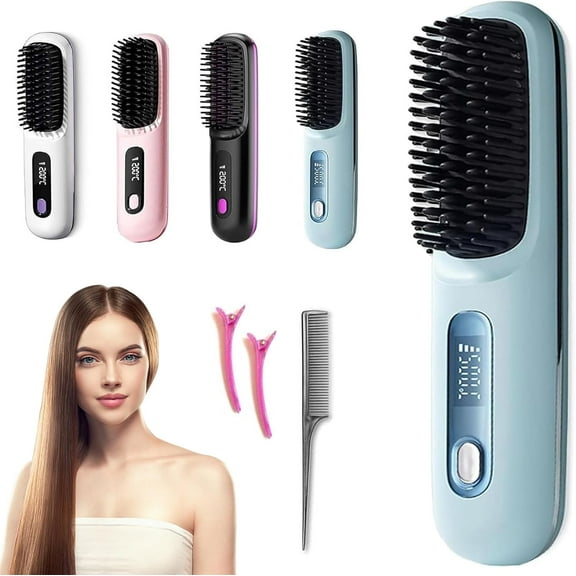2025Portable Hair Straightener Brush, LCD Display, Lightweight, Cordless (Blue)