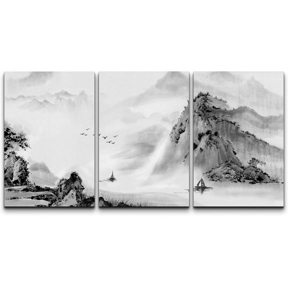 wall26 Canvas Print Wall Art Set Black & White Chinese Ink Rainforest Nature Wilderness Illustrations Modern Art Cultural Scenic Relax/Calm for Living Room, Bedroom, Office - 16"x24"x3