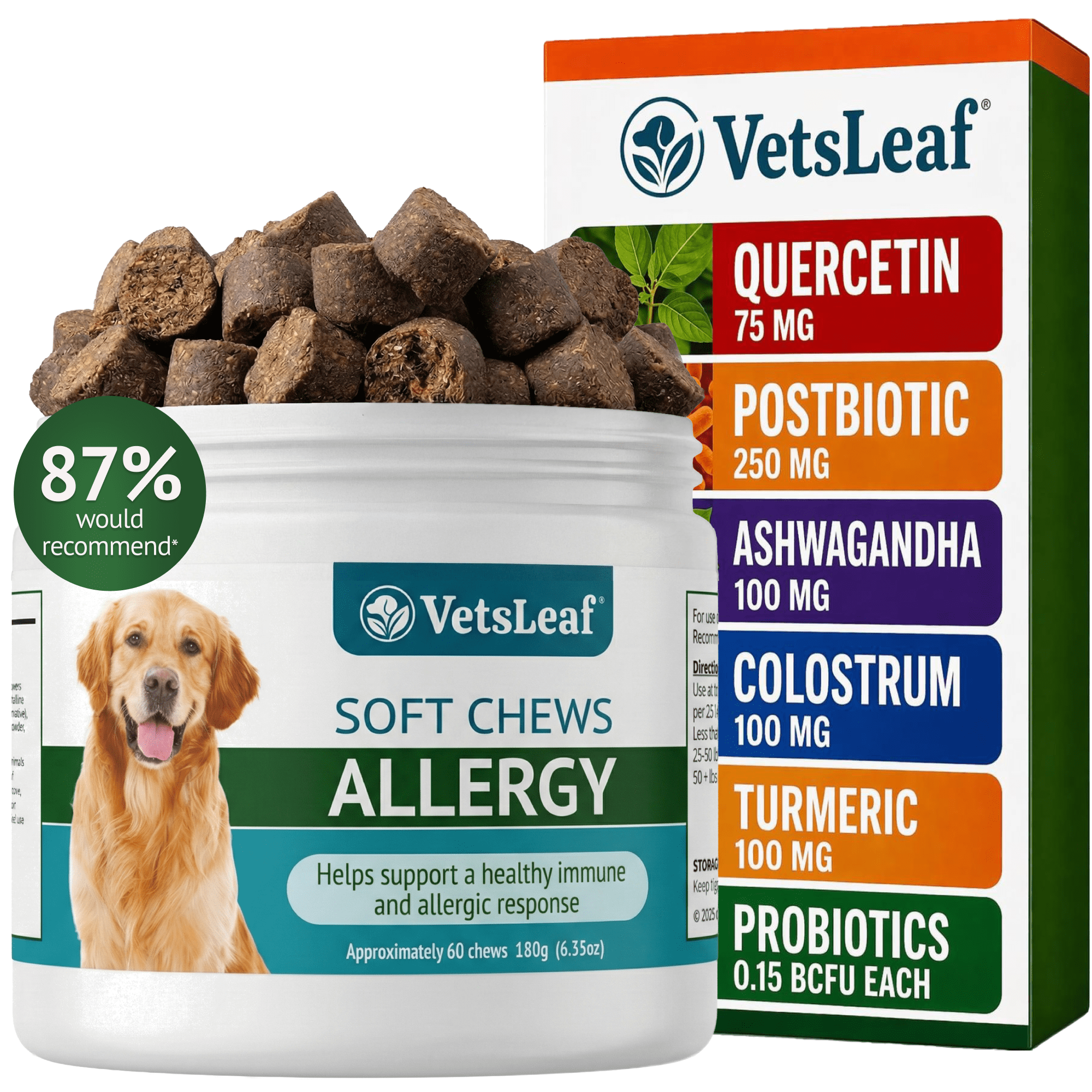 VetsLeaf Dog Allergy Chews for Itchy Skin, Hot Spots, Paw Licking Relief & Itchy Ears – Quercetin, Turmeric, Probiotics & Colostrum – Made in USA – 60 Count