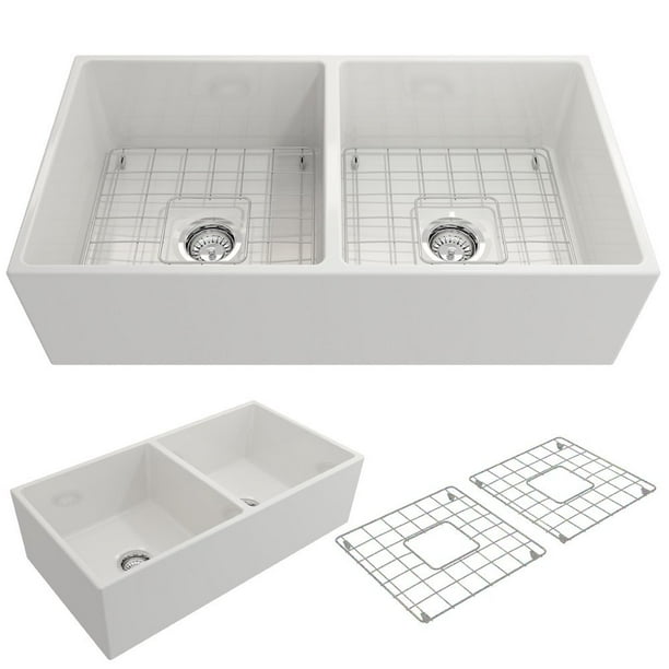 Bocchi Contempo A Front Fireclay 36 In Double Bowl Kitchen Sink With Protective Bottom Grid And Strainer White Com Bocchi Contempo A Front Fireclay 36, 36 Inch White Double Farmhouse Sink
