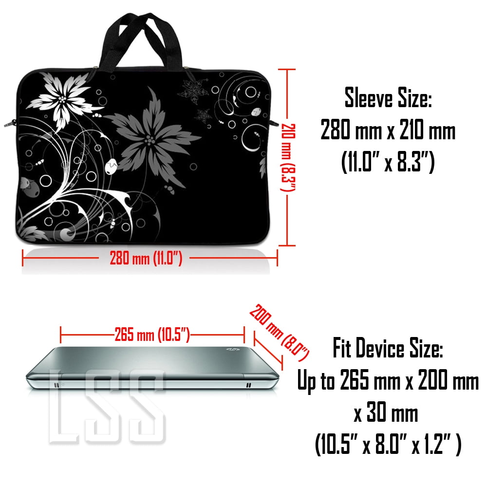 LSS 8-10.2 inch Laptop Sleeve Bag Compatible with Acer, Dell, HP, Sony, MacBook, Carrying Case w/ Handle & Adjustable Strap - Black and White Floral Design