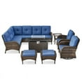 thumbnail image 3 of PARKWELL 8-Piece Outdoor Sectional Furniture Set with Fire Pit Table,Patio Wicker L Shaped Couch High Back Conversation Set with Swivel Glider for Garden Yard,Brown Wicker Navy Cushion, 3 of 13