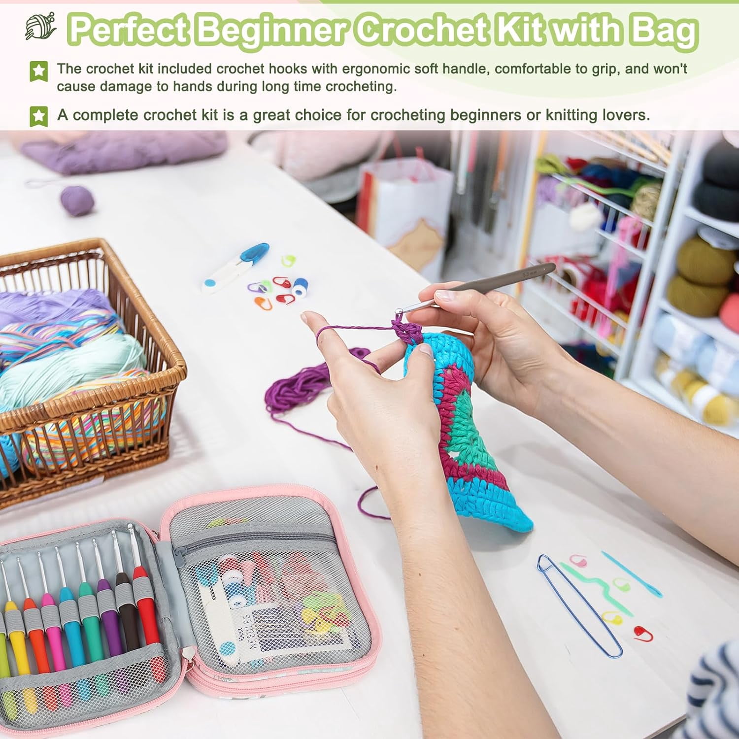Crochet Hooks Set with Case, 73-Piece Crochet Hooks Kit Ergonomic Aluminum Alloy Crochet Hook Colorful Crochet Needles for Making Socks, Gloves, Bag, Hat, Sweater