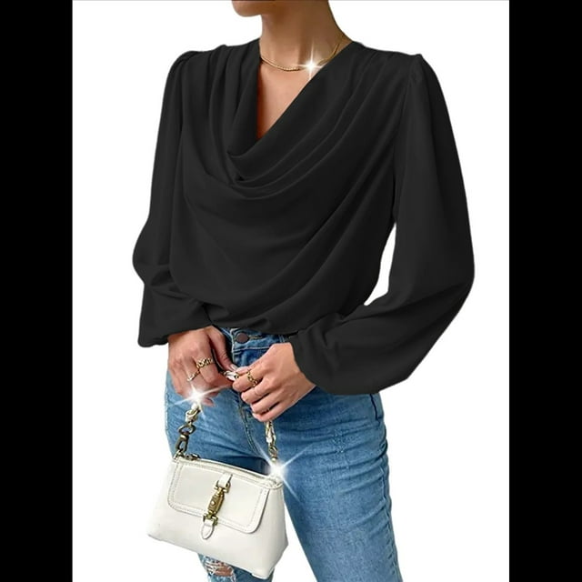 Blusas de Mujer con Cuello Vuelto, Larga, para Profesora, Oficina, Negocios, Elegantes, Informales Negro XXL