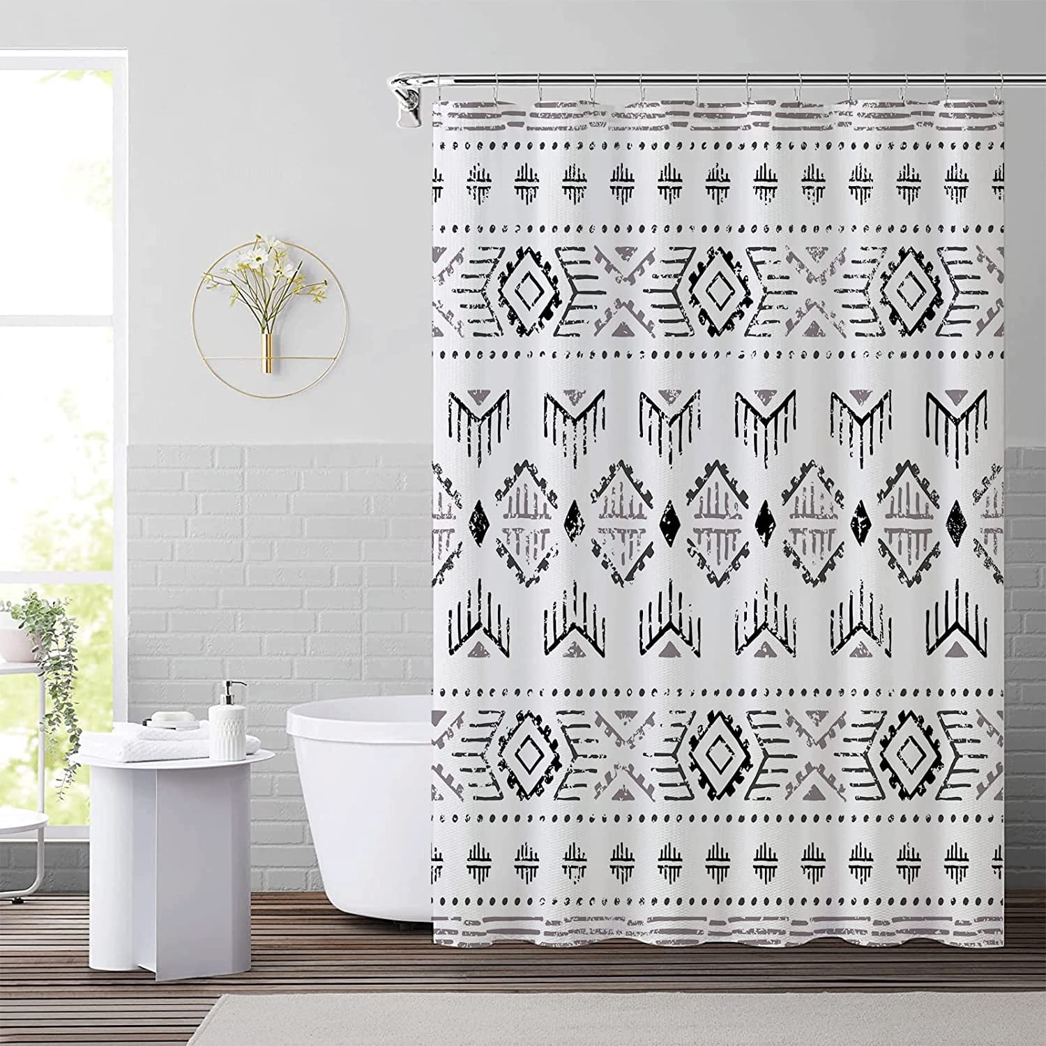 Black White Boho Shower Curtain Set, Modern Farmhouse Geometric Shower Curtain, Bohemian Tribal Chic Shower Curtain for Bathroom Decor with 12 Hooks 72x72in,Water Repellent