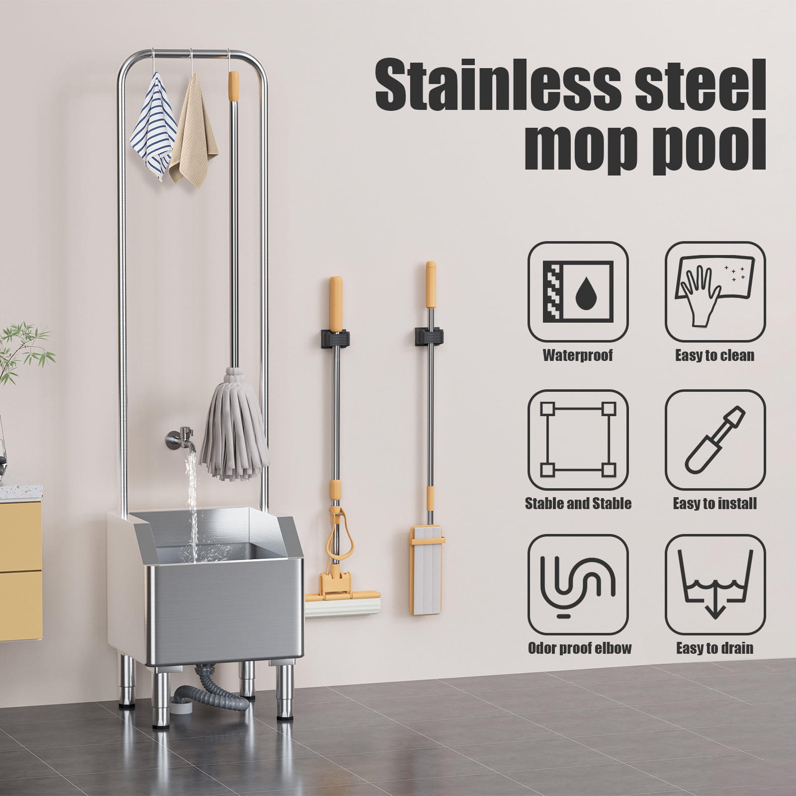 Jnismy Stainless Steel Mop Sink ﻿kitchen Sink Commercial Utility Sink with Extended Elevated Rack,Overflow-Proof Reservoir,15° Tilted Edge, 5 Hooks, 150kg Capacity(17.7"×16.1"×68.9")