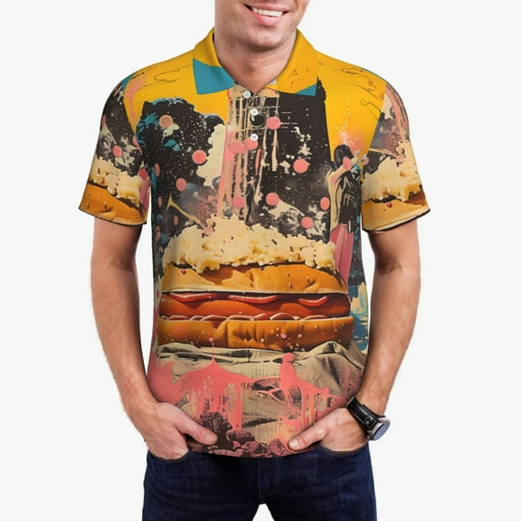 Hirioo Psychedelic Band Hotdog Art for Men’s Polo Shirts Quick Dry Short Sleeve Golf T Shirt Performance Moisture Wicking Casual Workout,Sizes S-4XL-