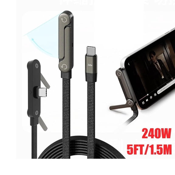 Zayman 5FT 240W USB C to USB C Braided Fast Charging Cable, 90 Degree Right Angle Flat Charger Cord with Built-In Foldable Invisible Phone Stand for Smartphones, Tablets & Laptops
