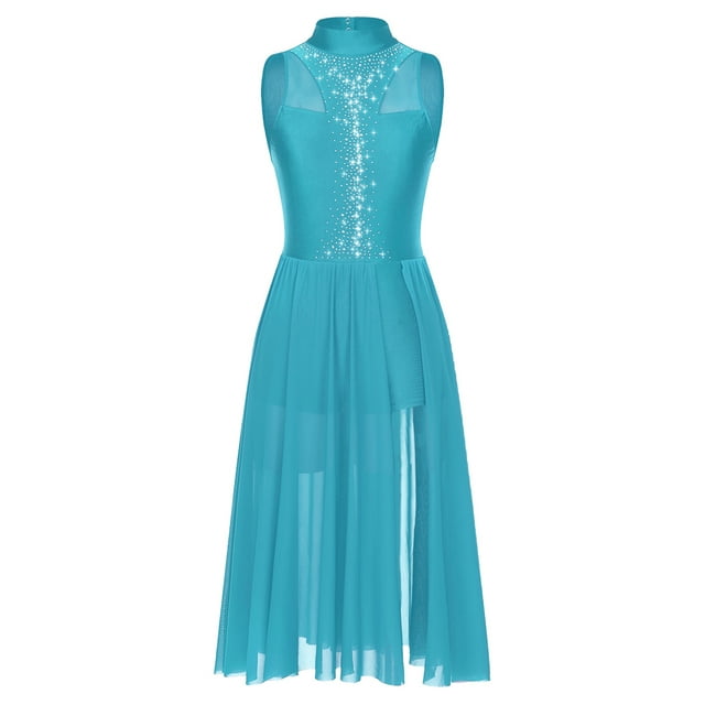 inlzdz Robe de Danse Femme Brillante avec Strass Sans Manches Costume de Performance de Danse Trou de Serrure Arrière Robe Maxi Bleu Lac TG