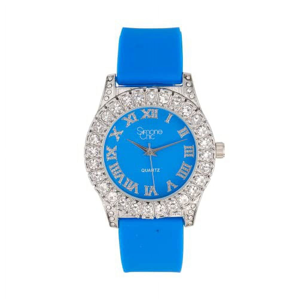 Simone Chic. Women's Big Rocks Fully Iced Bezel Colored Dial w/Easy Reader Roman Numerals Colorful Rubber Band Watch - ST10357LA (2pcSet SLV Bright Blue)