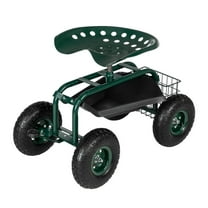 Hassch Rolling Work Seat Garden Stool Cart with Tool Tray and Storage Basket, 330lbs Heavy Duty Iron Patio Scooter w/ Height Adjustable Swivel Seat, 10" Inflated Wheels and Short Handle, Green