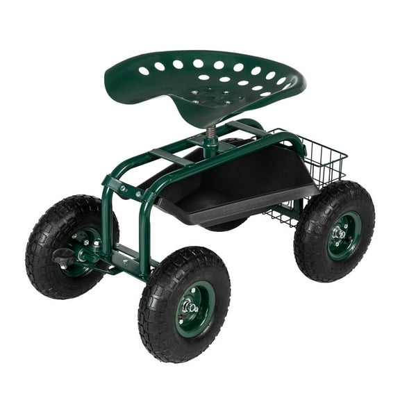 Hassch Rolling Work Seat Garden Stool Cart with Tool Tray and Storage Basket, 330lbs Heavy Duty Iron Patio Scooter w/ Height Adjustable Swivel Seat, 10" Inflated Wheels and Short Handle, Green