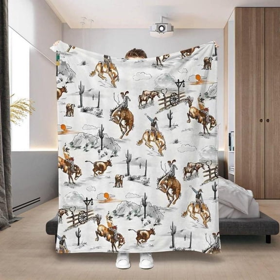 [Maple] [60x50inch] Soft Funny Throw Blanket All-Season Western Cowboy Print Flannel Blanket Throw For Sofa,Bed & Travel Cozy Knitted Design With Horseback Riding & Cactus Motifs Ideal For Home Decor
