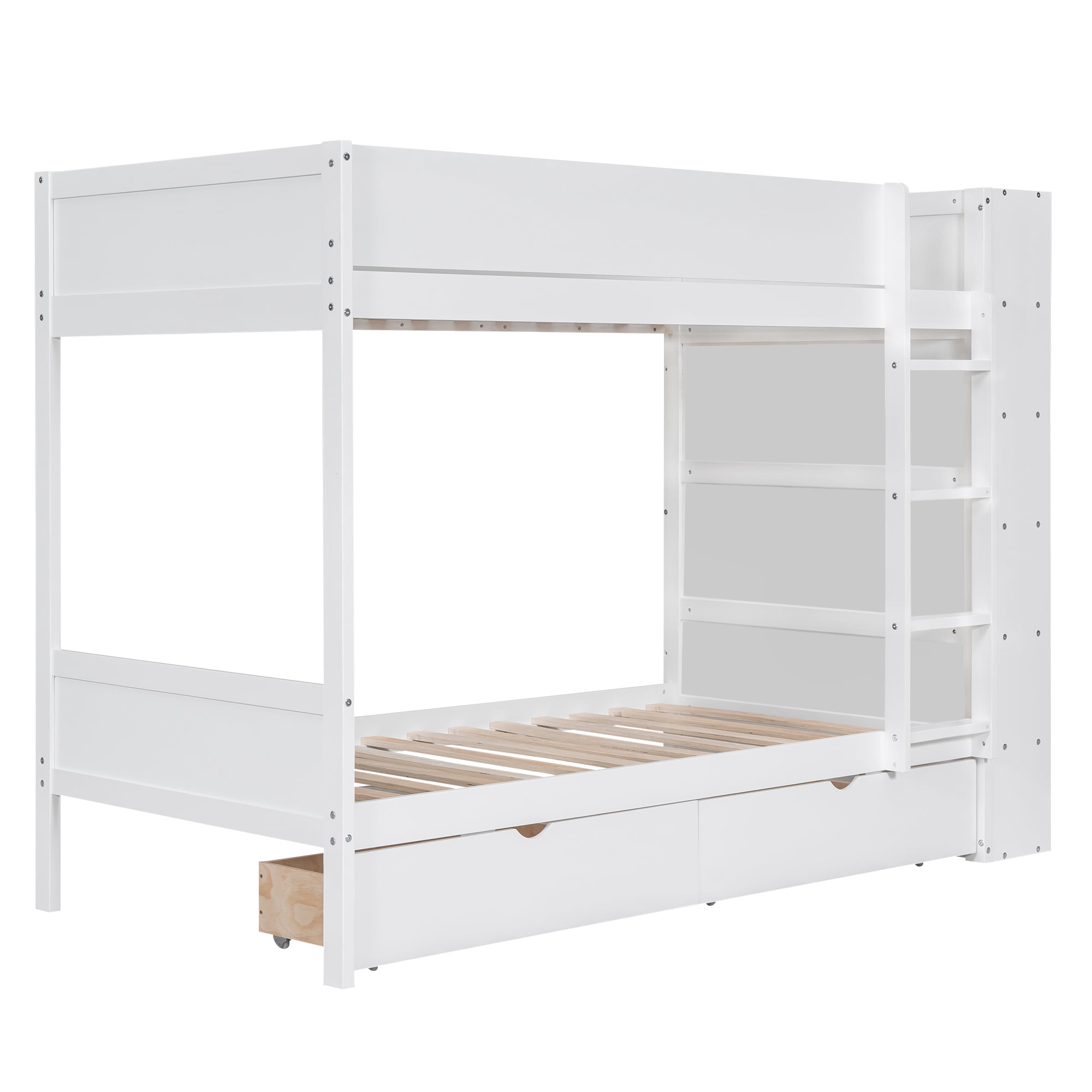 Euroco Wood Twin over Twin Bunk Bed with Drawers and Storage Shelves, White