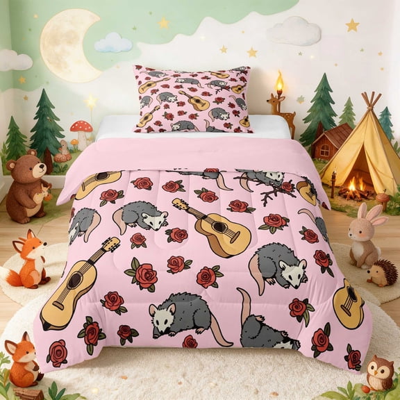 Erosebridal Opossum Twin Comforter Sets for Girls, Pink Guitar Bedding Set, Pink Reversible 2pcs 1 Comforter and 1 Pillowcase