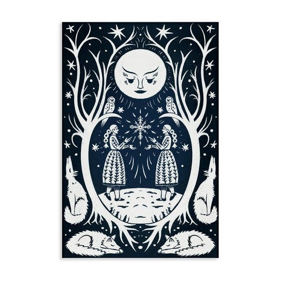 Stupell Industries Woodland Folk Girls with Moon Landscape & Nature Painting Wrapped Canvas Canvas Art Print Wall Art, 16 x 24