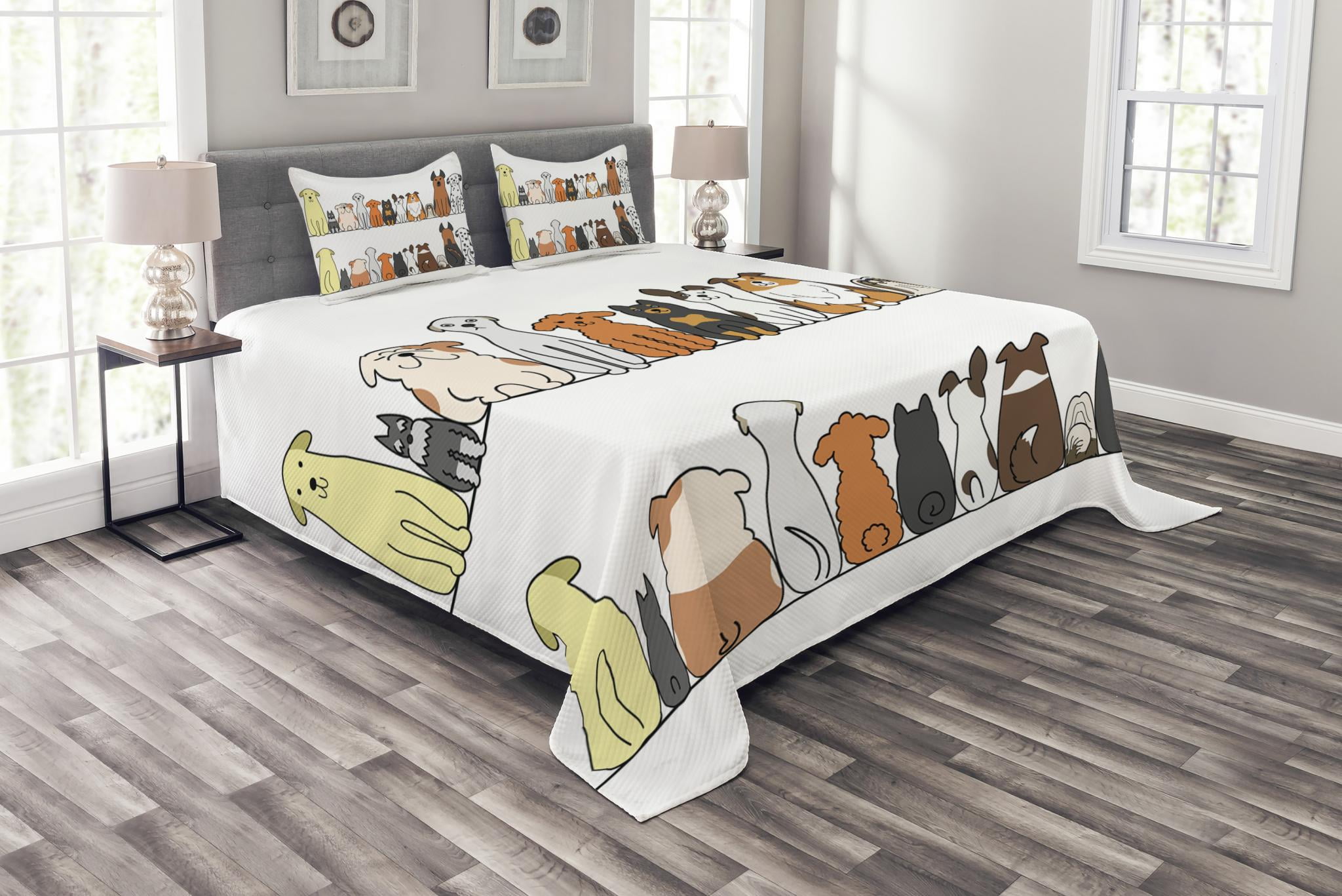 Dog Bedspread Set, Multicultural Dog Family in a Row from Back and