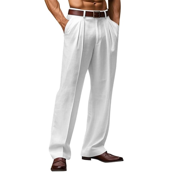 Domuza Mens Wide Leg Dress Pants Relaxed Fit Fashion Vintage Work Slacks Cotton Linen Pleated Baggy Lined Trousers White XL