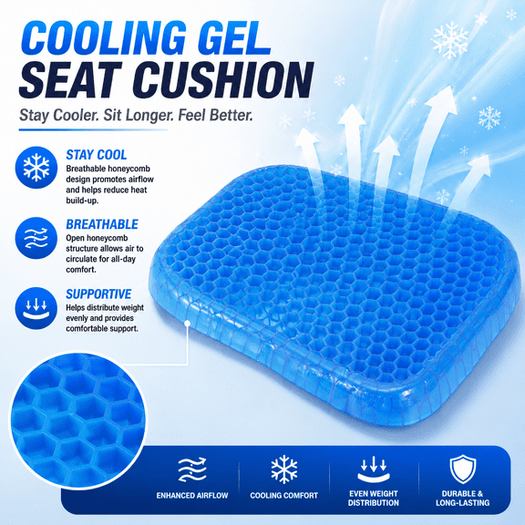 Cooling Gel Seat Cushion for Long Sitting, Curved Front Edge Honeycomb Gel Cushion with Non-Slip Washable Cover, 16.5 x 14.6 Inch Office Chair Cushion for Car Seat, Desk Chair and Wheelchair