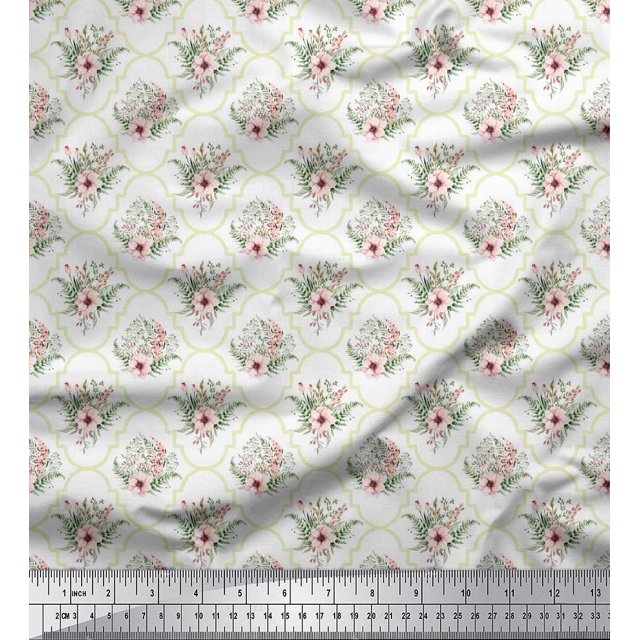 Soimoi White Poly Georgette Fabric Floral Damask Decor Fabric Printed Yard 52 Inch Wide
