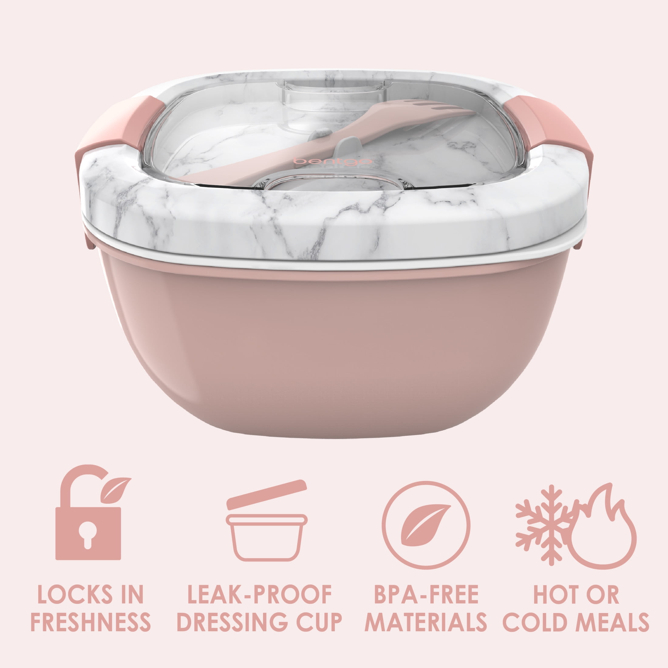 Bentgo Salad Container - 6.75 cup Bowl with 4-Compartment Toppings Tray, Dressing Container, Reusable Fork, BPA-Free Lunch Box for Meal Prep & Food Storage; Removable Bento Tray (Blush Marble)