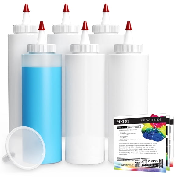 Pixiss Tie Dye botellas exprimibles de 8 oz (paquete de 6) con embudo de 2 pulgadas - Dispensador preciso para artes y manualidades - Perfecto para tintes líquidos o en polvo Incluye guía básica de pa