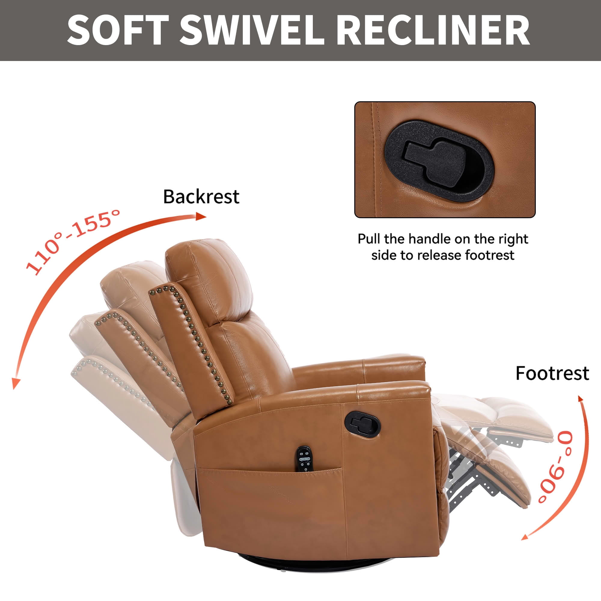 MAYEERTY Orange Genuine Leather Manual Recliner Chair 360° Swivel Rocker 155° Recline with 8-Point Massage Heat for Living Room