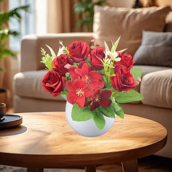 EWASWON Potted Artificial Flowers Faux Red Silk Plant Lifelike Maintenance Free Realistic Home Decor Table Centerpiece Desk Office Gift