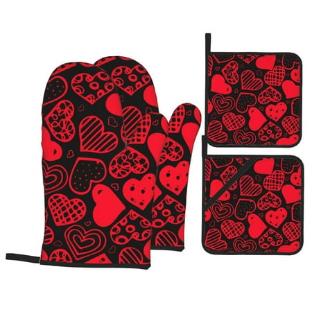 

XMXT Heat Resistant Oven Mitts and Pot Holders Sets Various Love Illustrations Oven Mitt Hot Pads Kitchen Cooking BBQ Gloves 4 Pcs