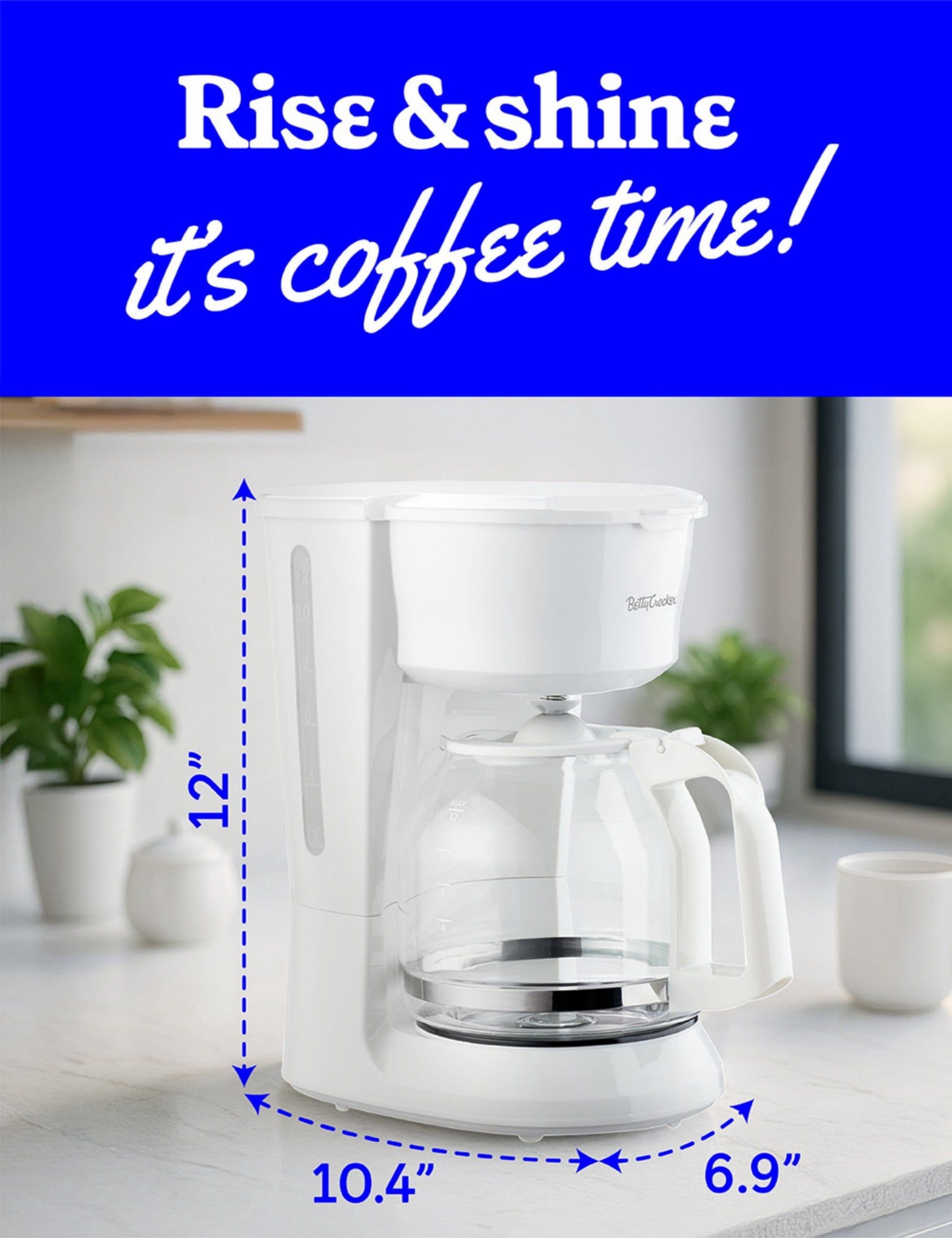 Betty Crocker 12-Cup Drip Coffee Maker with Heat Resistant Glass Carafe, Removable Filter Holder for No. 4 Cone Filters, Pause & Pour, Water Level Gauge, Non-Stick Warming Plate, BC-5729W, White