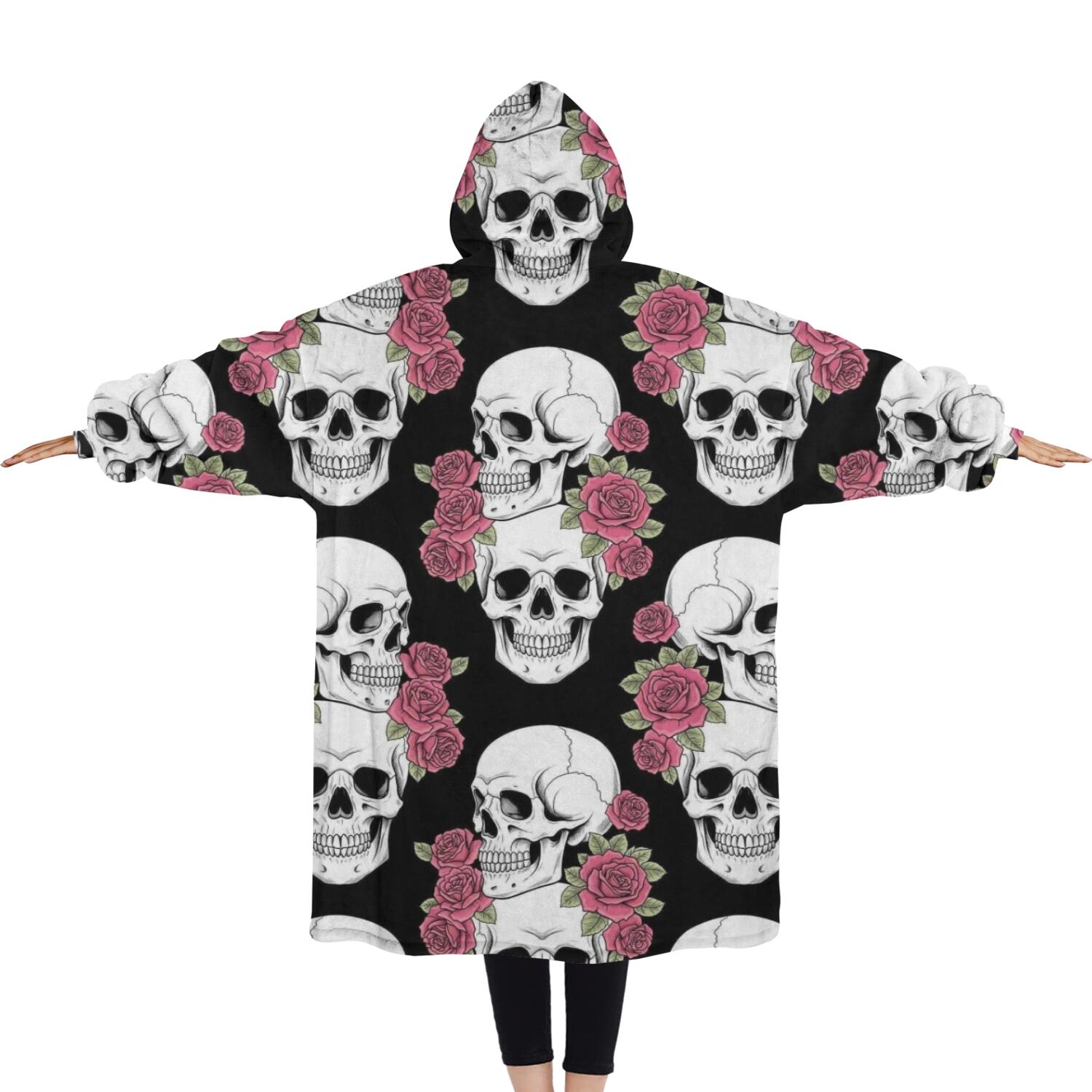 Oversized Wearable Blanket Hoodie,Black Skull Rose Pattern Sherpa Blanket Hoodie with Super Pockets,Super Warm Fuzzy Pullover for Women & Men