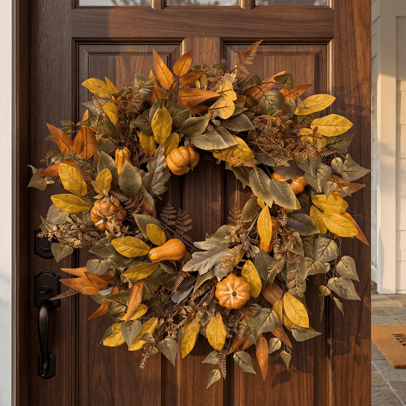 SBUSFGT 26 inch Thanksgiving Fall Wreath for Front Door, Autumn Eucalyptus Pumpkin Lamb Ear Berry Wreaths, Outdoor Porch Wall Home Holiday Decorations