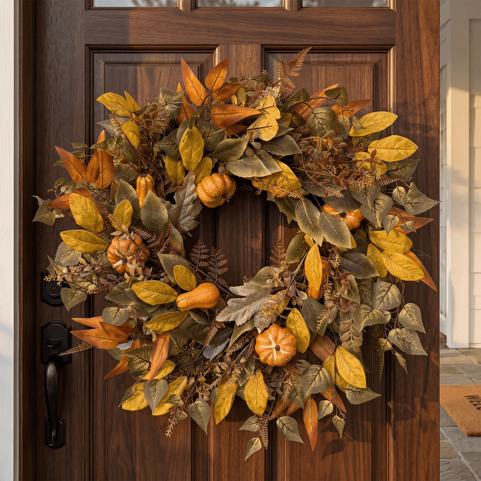 SBUSFGT 26 inch Thanksgiving Fall Wreath for Front Door, Autumn Eucalyptus Pumpkin Lamb Ear Berry Wreaths, Outdoor Porch Wall Home Holiday Decorations