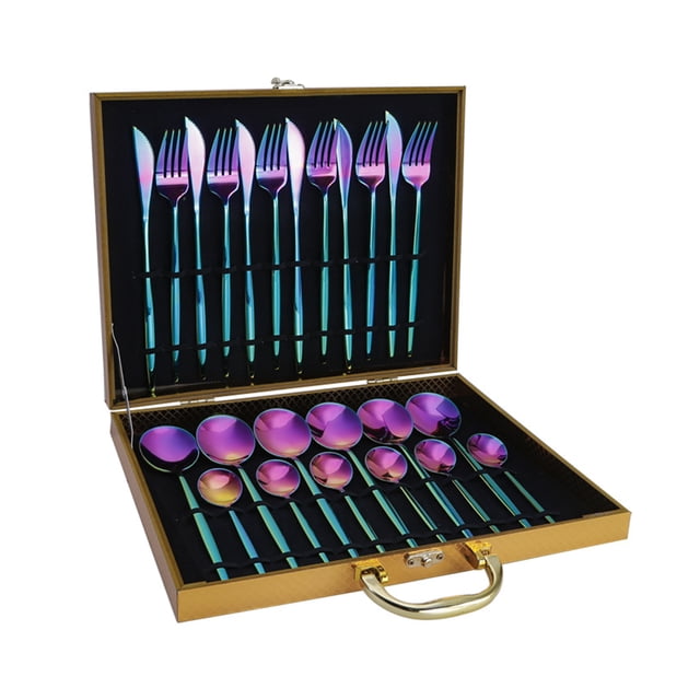 24-Piece Premium Stainless Steel Dinnerware Set with Stylish Storage Gift Box - Rustproof, Easy to Clean Utensils for Home, Parties & Restaurants - Available in Silver, Gold, Rose Gold, Colorful &