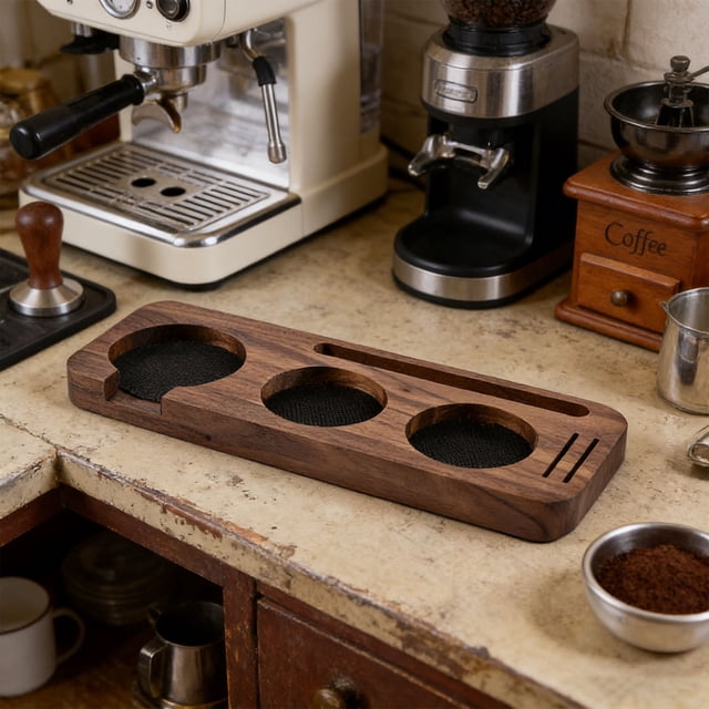 IROINID Decorations for Home Tables,Modern Room Decorations,Tamping StationSapele Coffee Bar Organizer with Non Mat Multi-Slot for Counter Holds TamperDistributorBasket