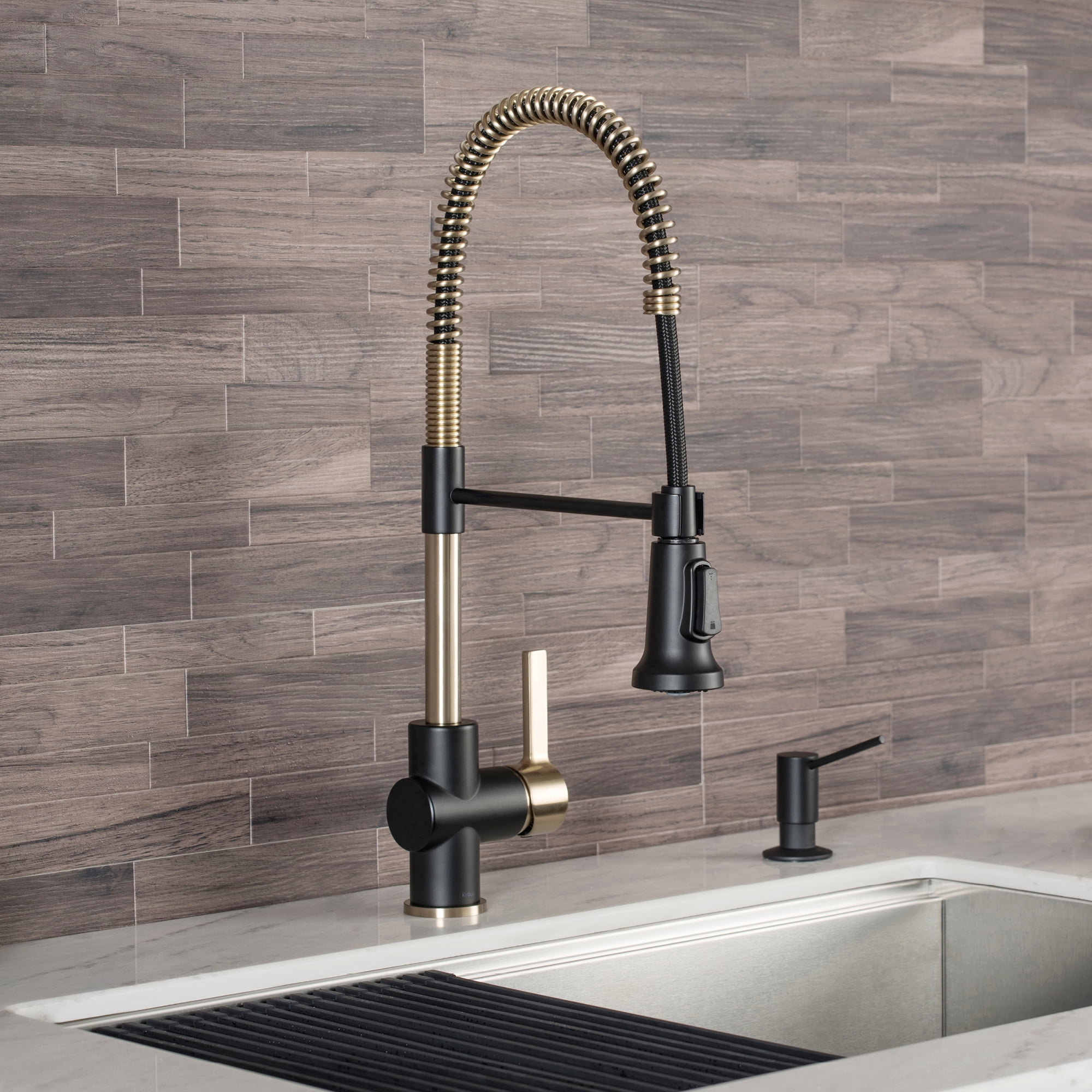 Kraus Britt Single Handle Commercial Kitchen Faucet with Dual Function Sprayhead In Brushed Gold/Matte Black